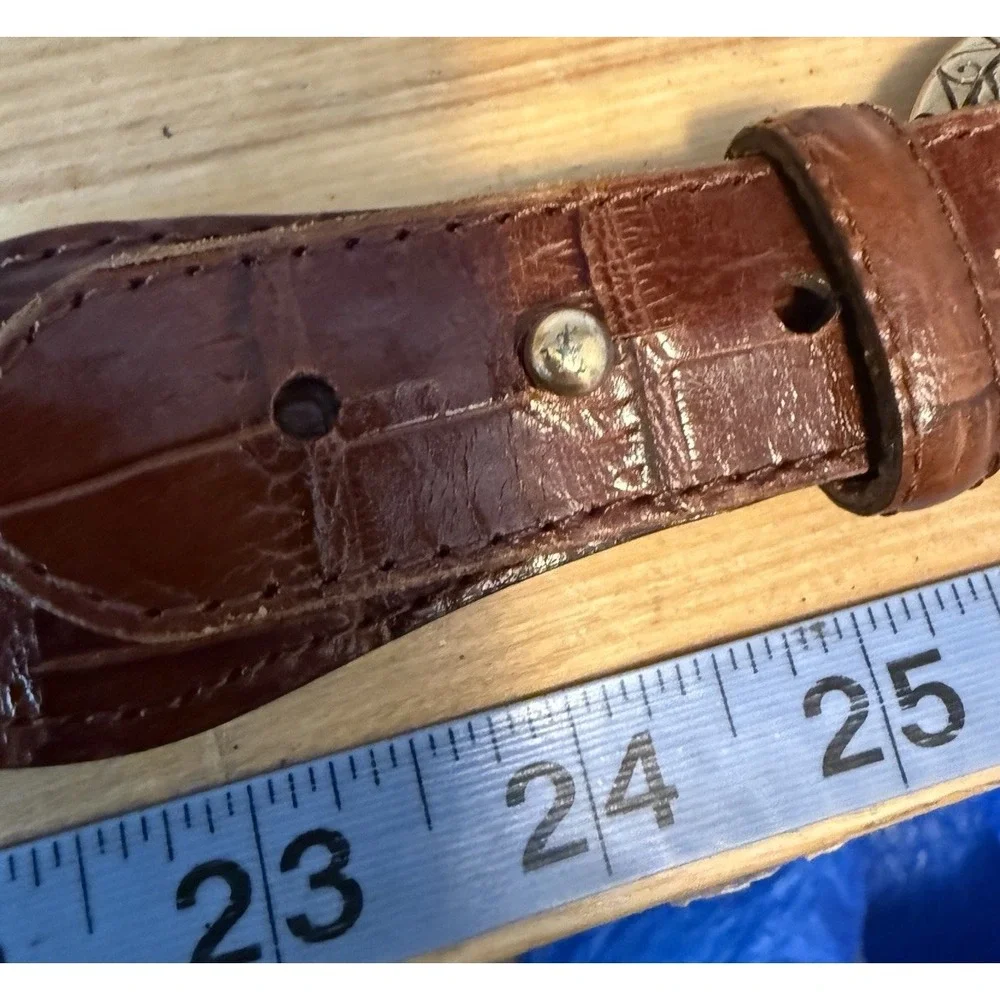 Lands End Belt Vintage Double Strap Brown Leather Woven Silver Toggle Size 26